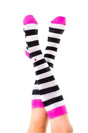 compression socks with black and white stripes and hot pink accents