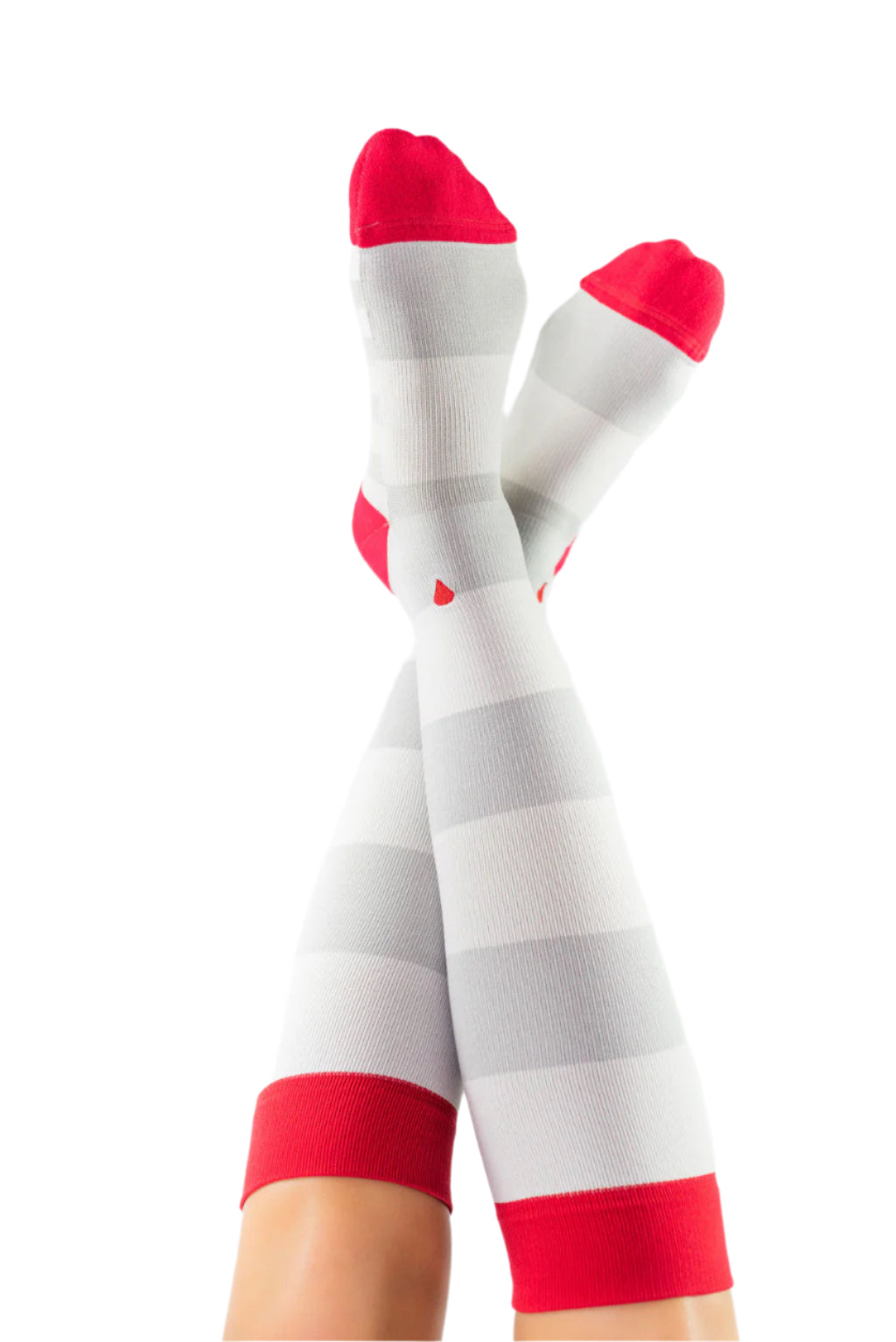 compression socks with grey stripes and red accents