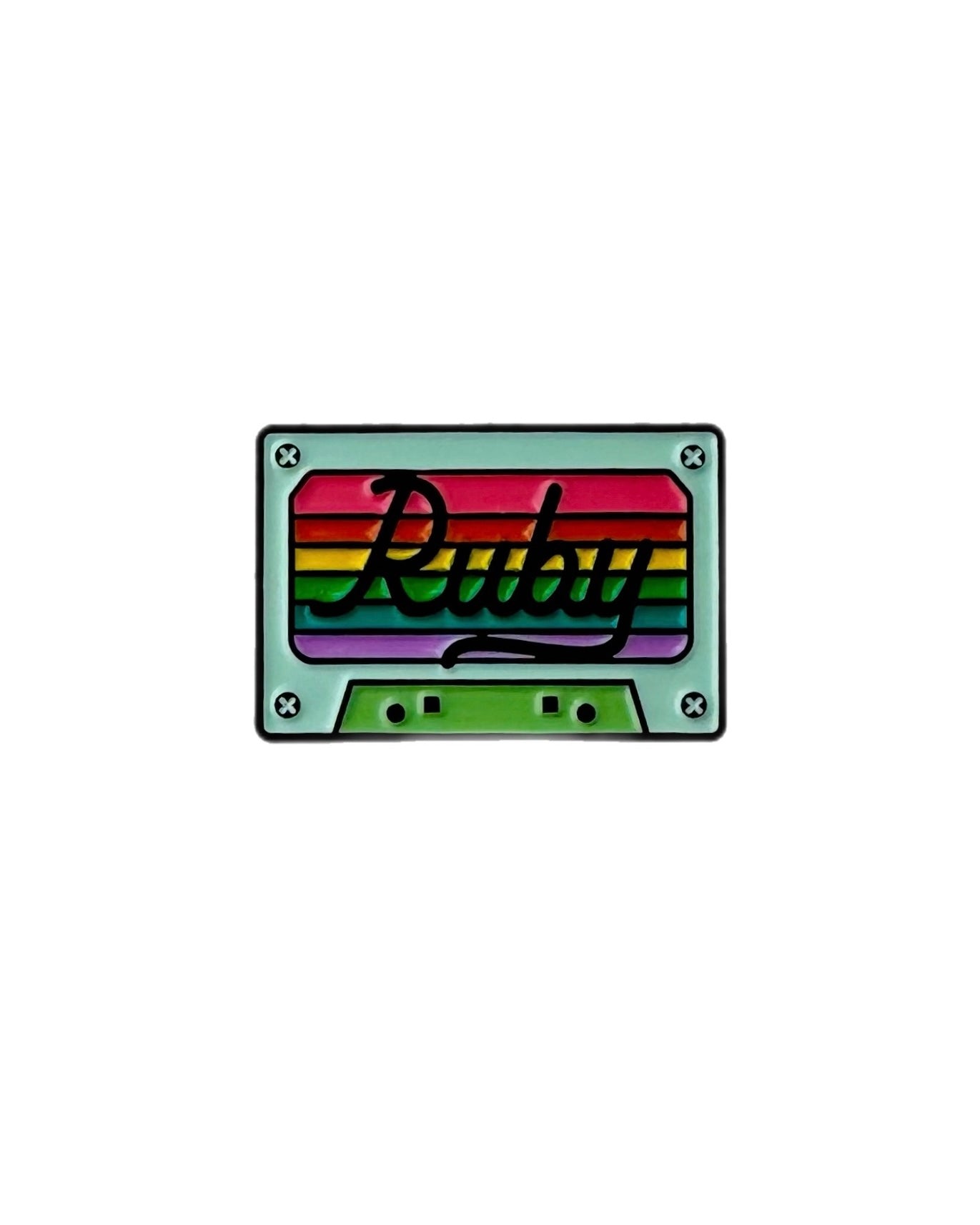 Ruby's cassette tape enamel pin with rainbow colors and mint body